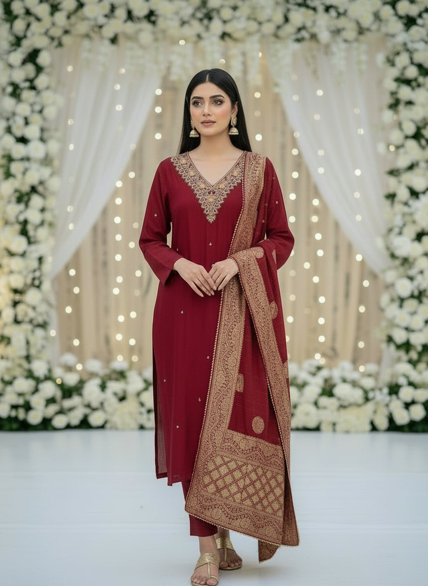 Maroon Dola Silk Suit with Handwork & Tissue Banarasi Dupatta