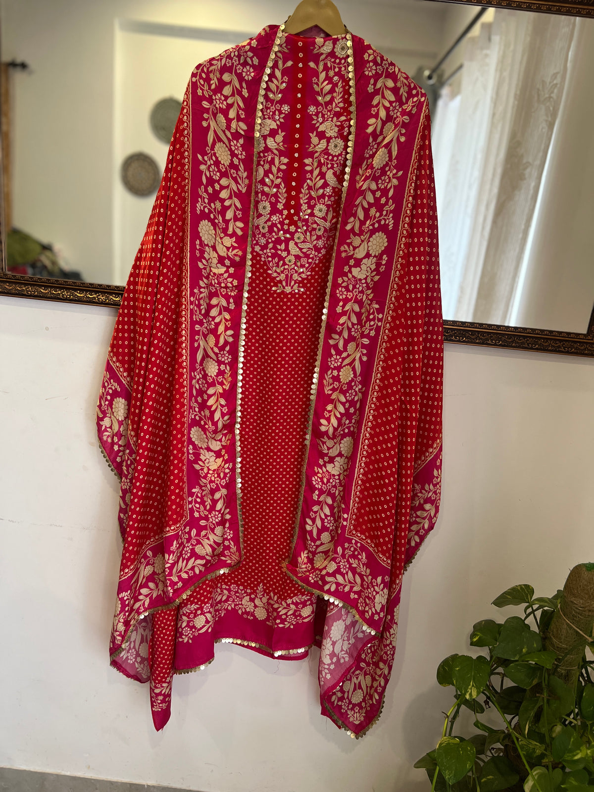 Rani Pink Bird & Bloom  Gajji Suit Set