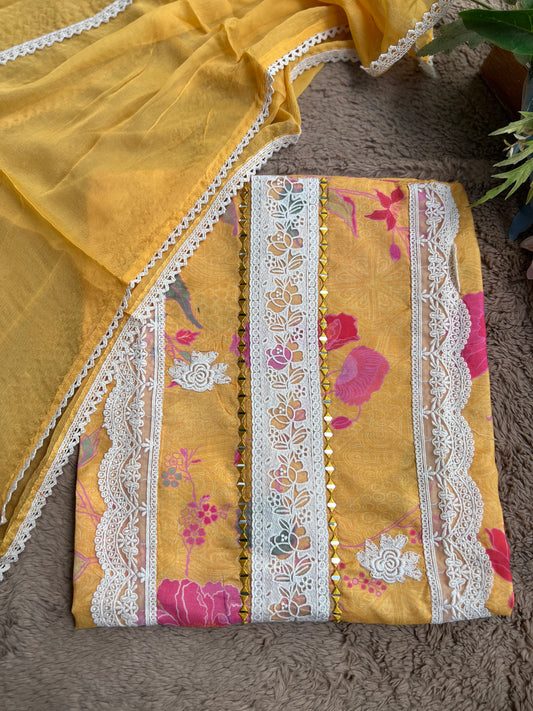 Floral Maslin Suit with Elegant Lace Detailing