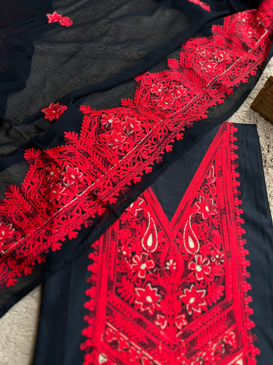 Classic Black Modal Cotton Kashmiri Suit Set with Red Chiffon Heavy Embroidered Dupatta