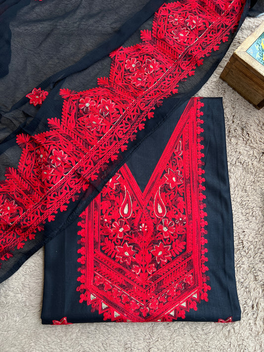 Classic Black Modal Cotton Kashmiri Suit Set with Red Chiffon Heavy Embroidered Dupatta