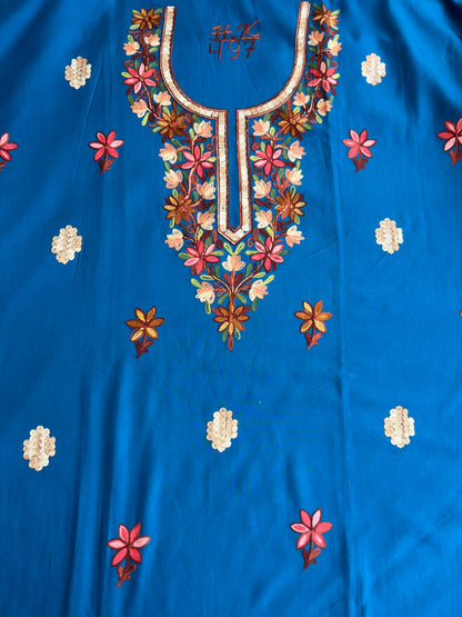 Cobalt Blue Modal Cotton Kashmiri Suit Set with Chiffon Embroidered Dupatta