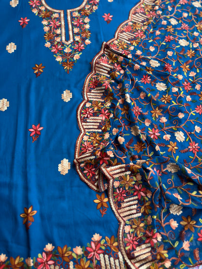 Cobalt Blue Modal Cotton Kashmiri Suit Set with Chiffon Embroidered Dupatta