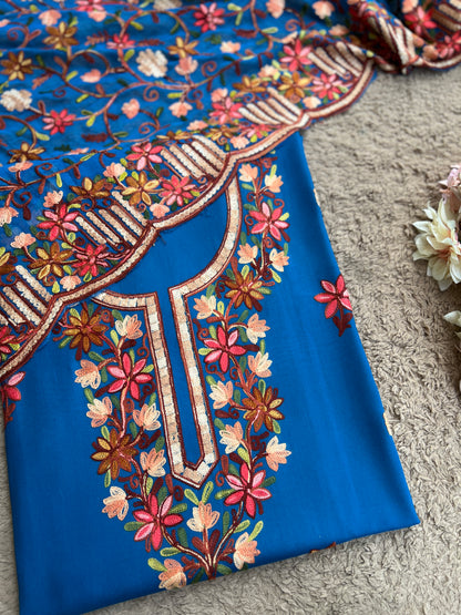 Cobalt Blue Modal Cotton Kashmiri Suit Set with Chiffon Embroidered Dupatta