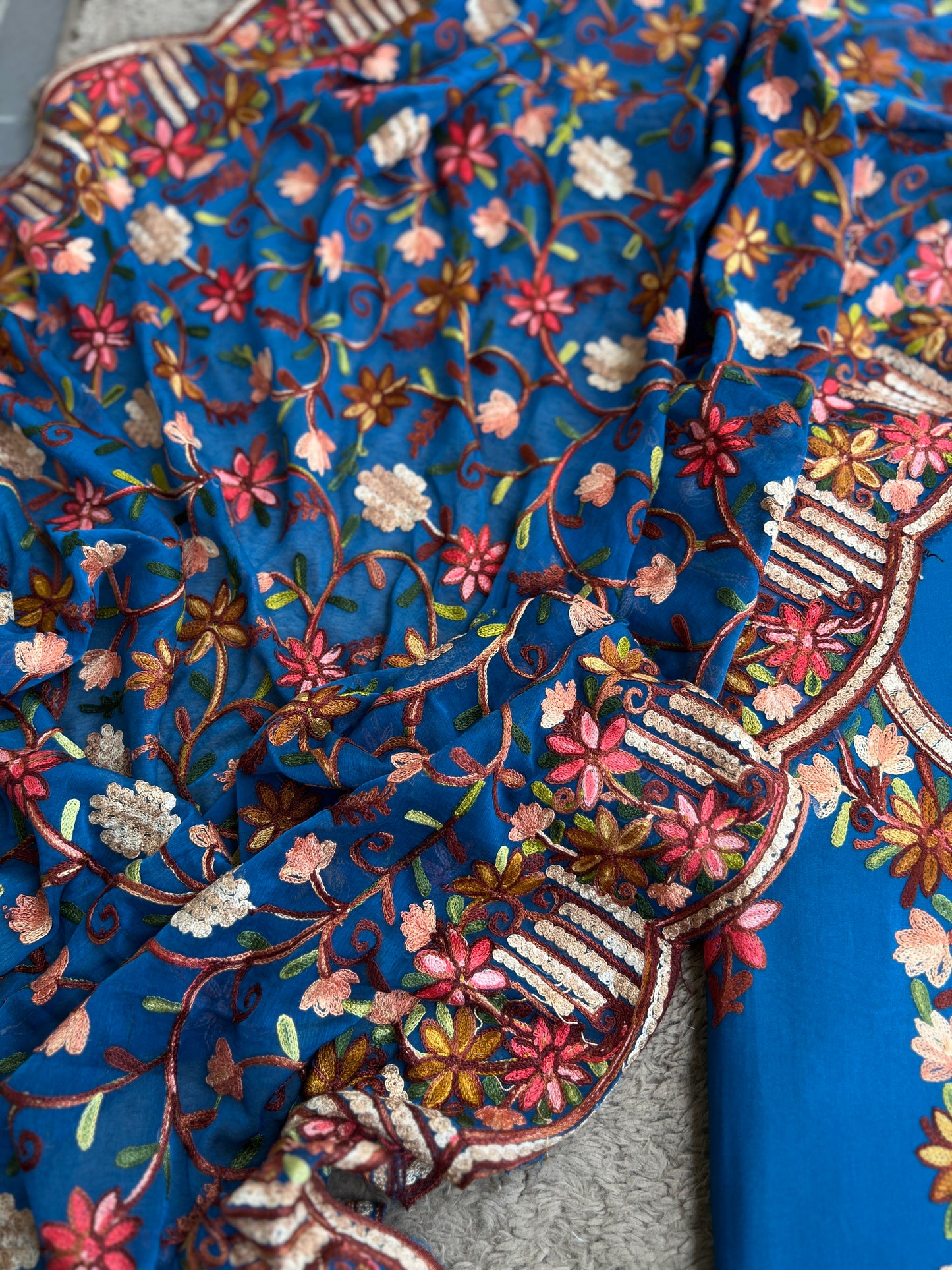 Cobalt Blue Modal Cotton Kashmiri Suit Set with Chiffon Embroidered Dupatta