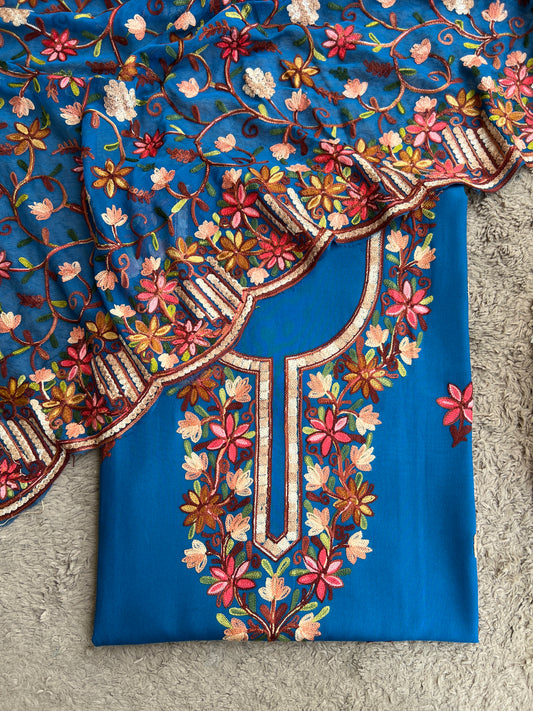 Cobalt Blue Modal Cotton Kashmiri Suit Set with Chiffon Embroidered Dupatta