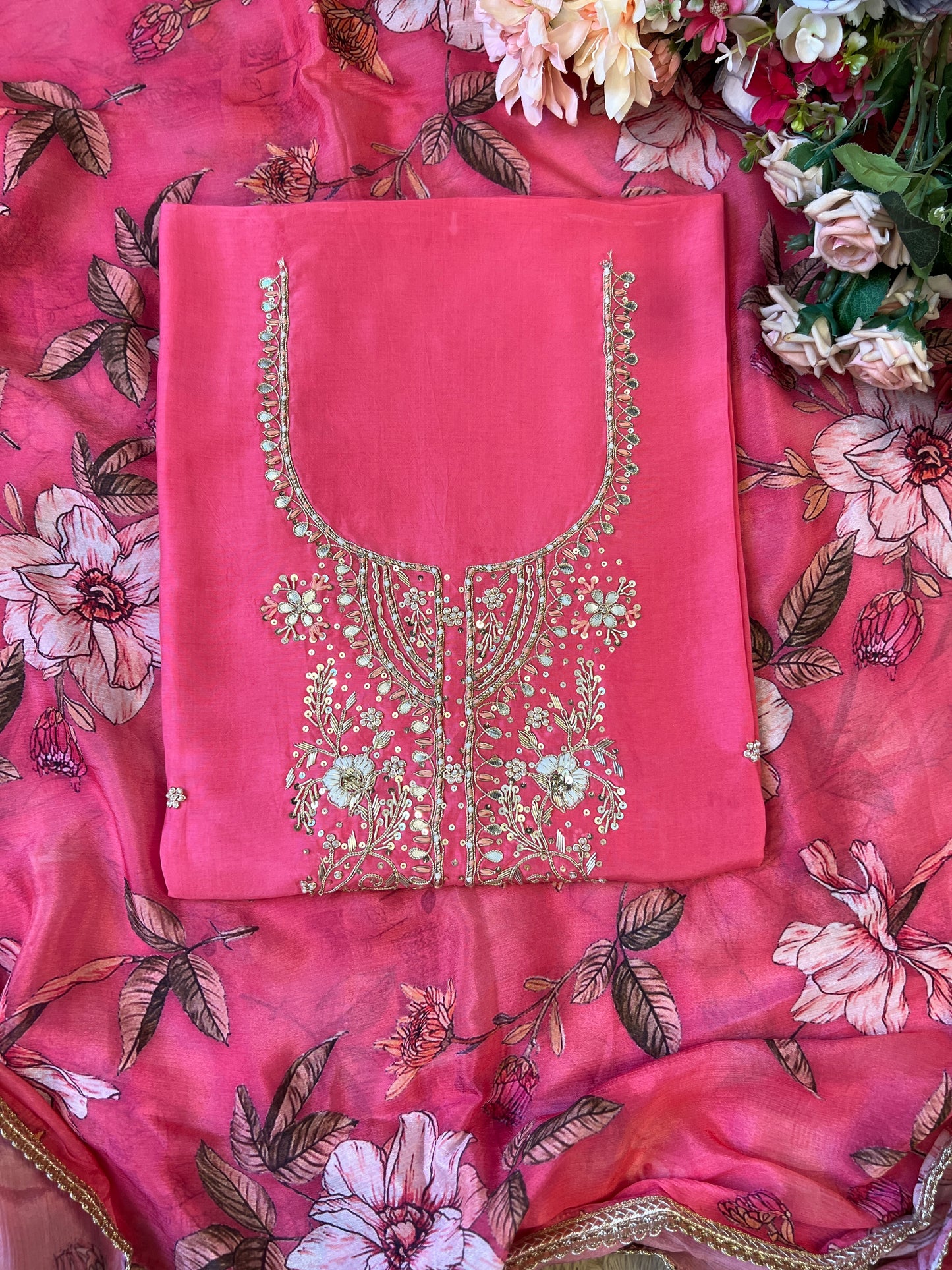 Radiant Pink Silk Elegance with Handcrafted Embroidery