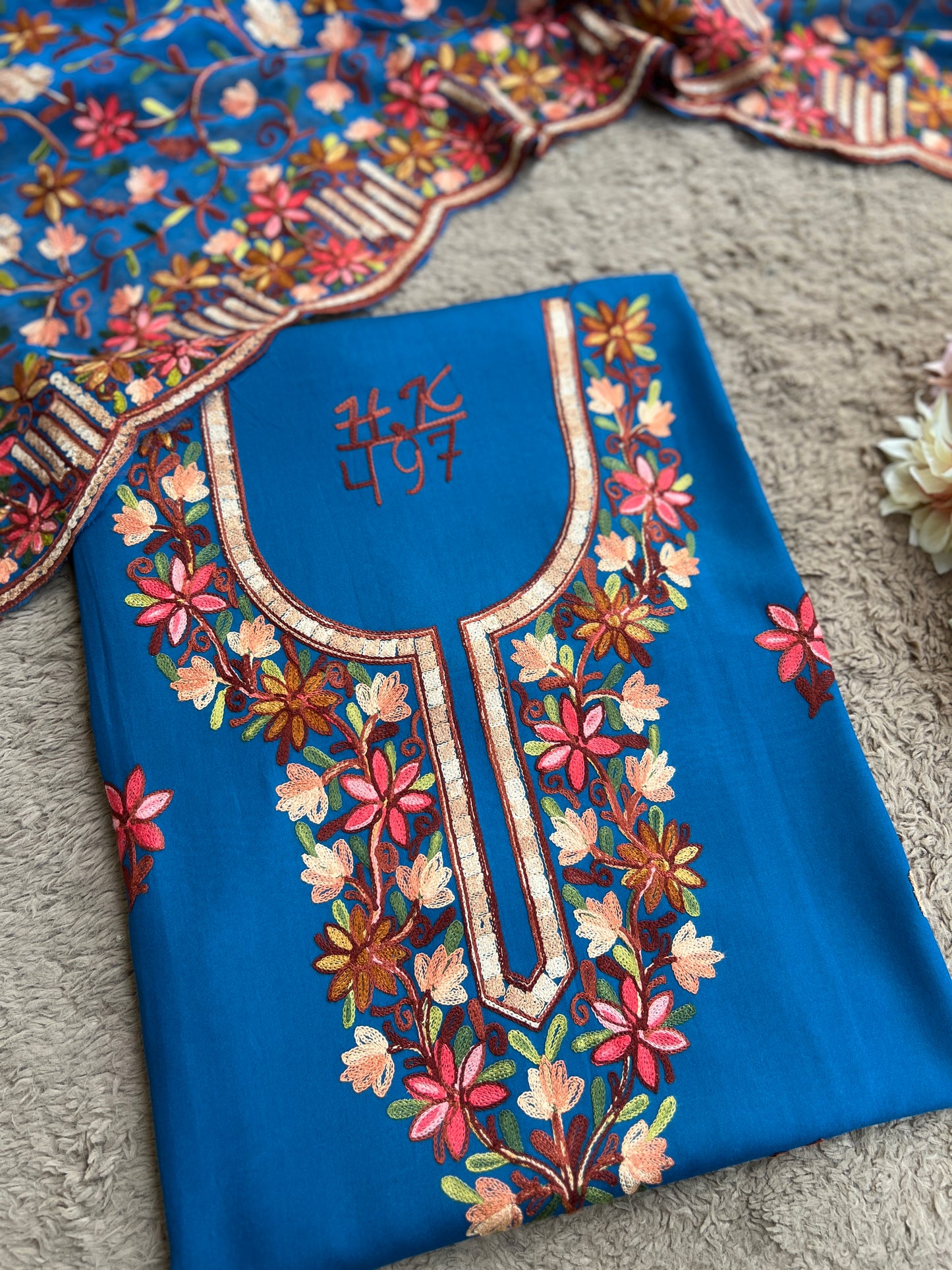 Cobalt Blue Modal Cotton Kashmiri Suit Set with Chiffon Embroidered Dupatta