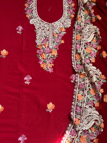 Ruby Kashmiri Modal Cotton Suit Set with Chiffon Embroidered Dupatta