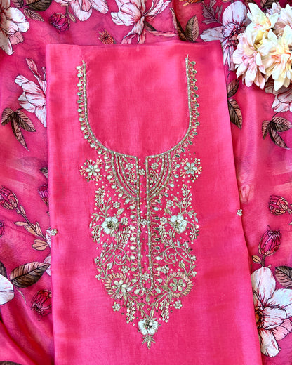 Radiant Pink Silk Elegance with Handcrafted Embroidery