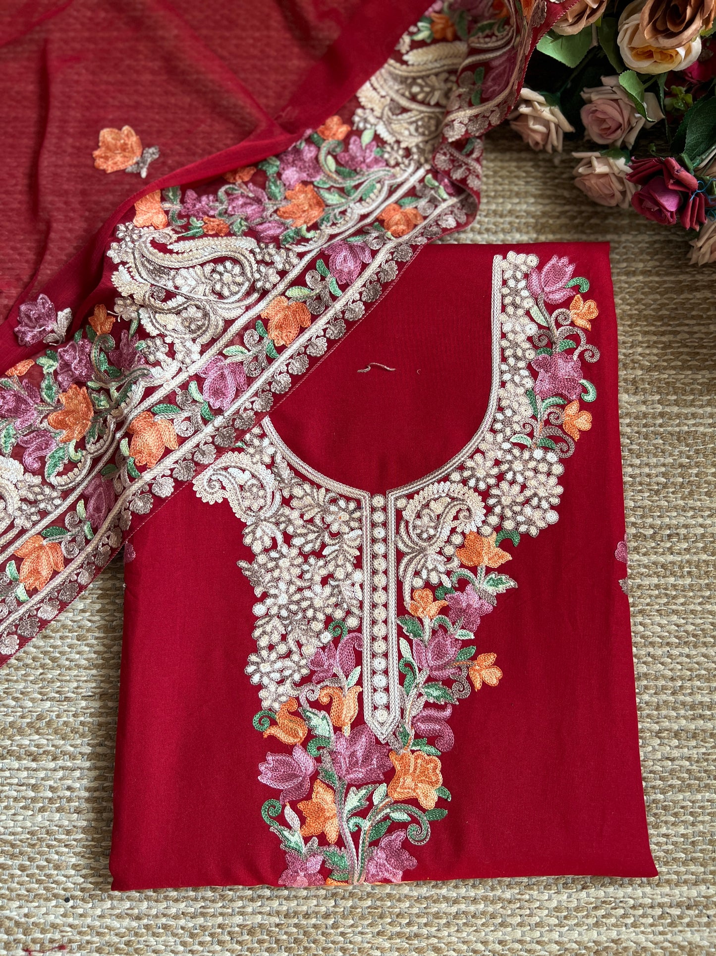 Ruby Kashmiri Modal Cotton Suit Set with Chiffon Embroidered Dupatta