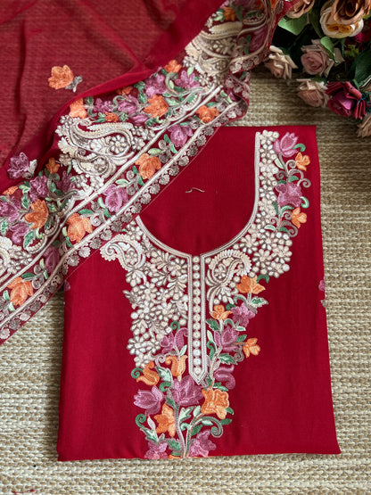 Ruby Kashmiri Modal Cotton Suit Set with Chiffon Embroidered Dupatta