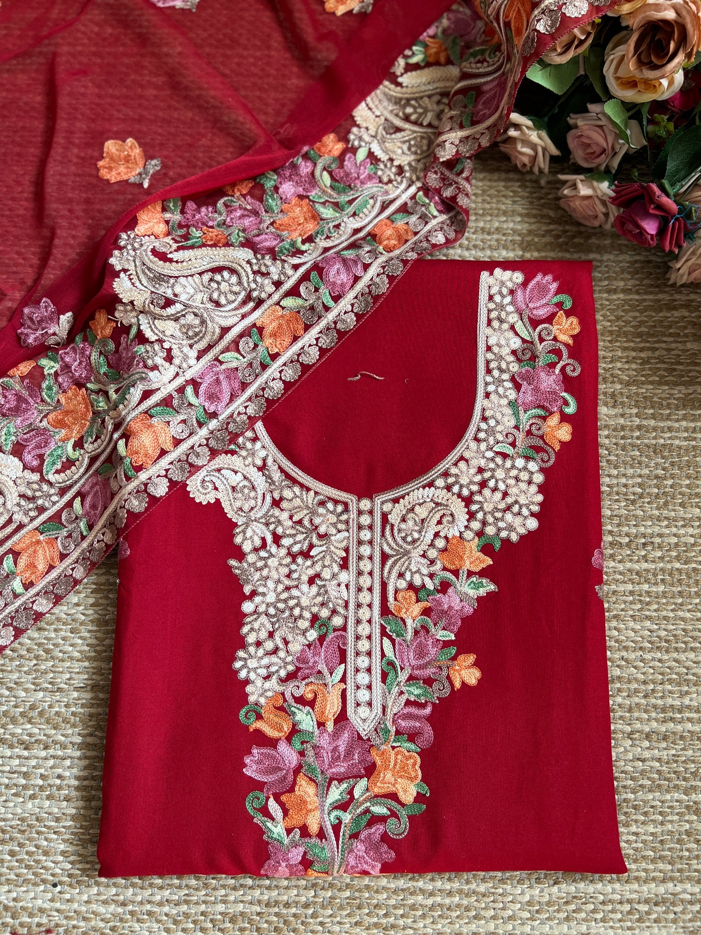 Ruby Kashmiri Modal Cotton Suit Set with Chiffon Embroidered Dupatta