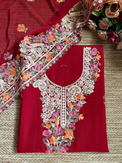 Ruby Kashmiri Modal Cotton Suit Set with Chiffon Embroidered Dupatta