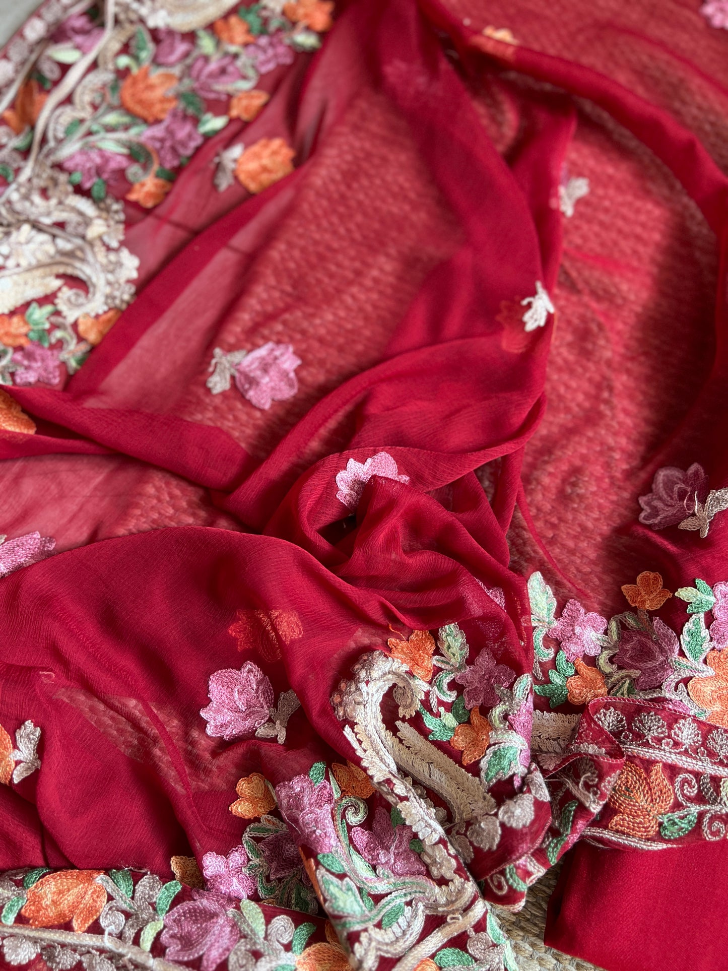 Ruby Kashmiri Modal Cotton Suit Set with Chiffon Embroidered Dupatta