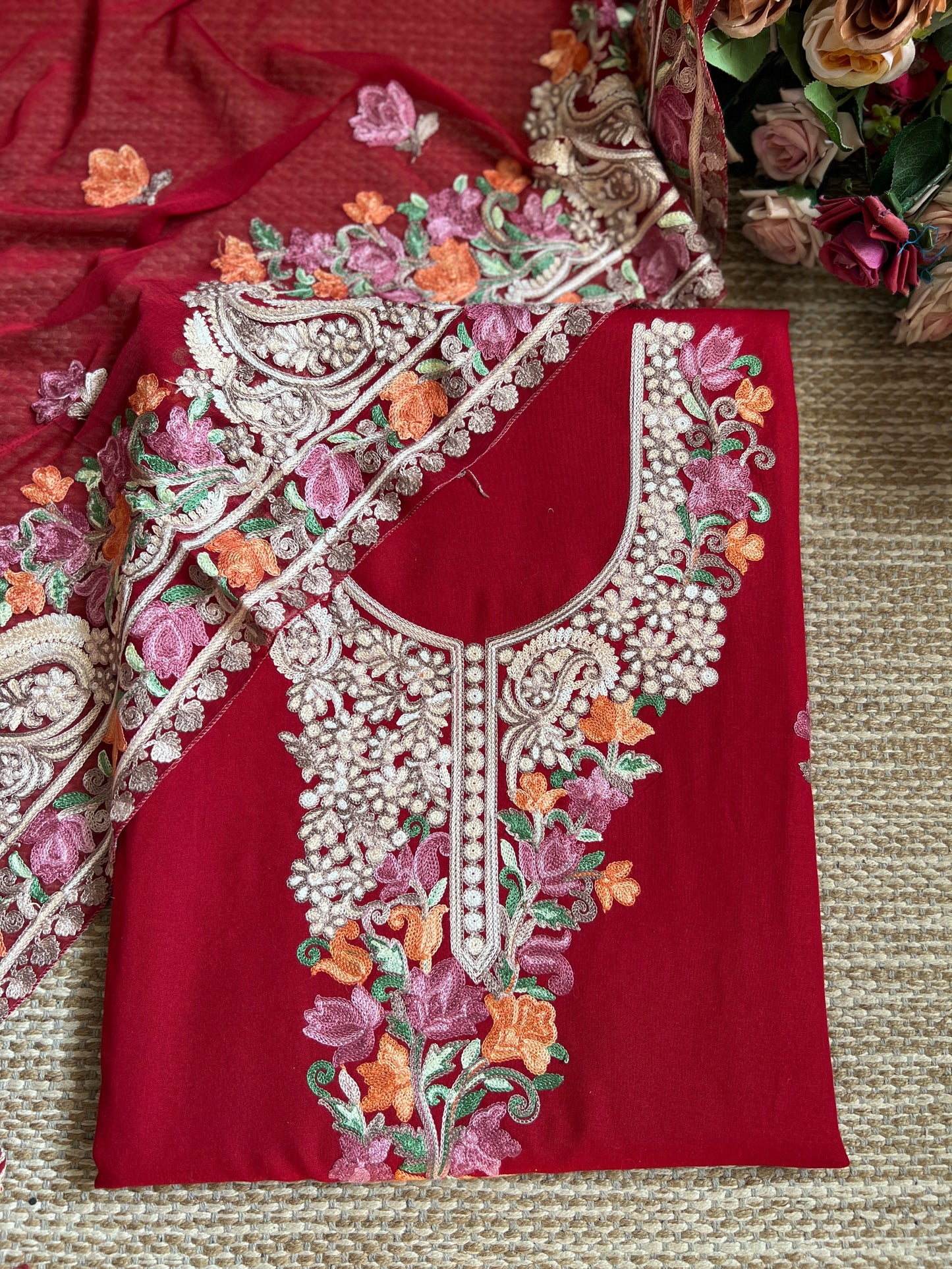Ruby Kashmiri Modal Cotton Suit Set with Chiffon Embroidered Dupatta