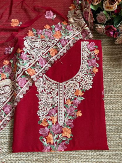 Ruby Kashmiri Modal Cotton Suit Set with Chiffon Embroidered Dupatta