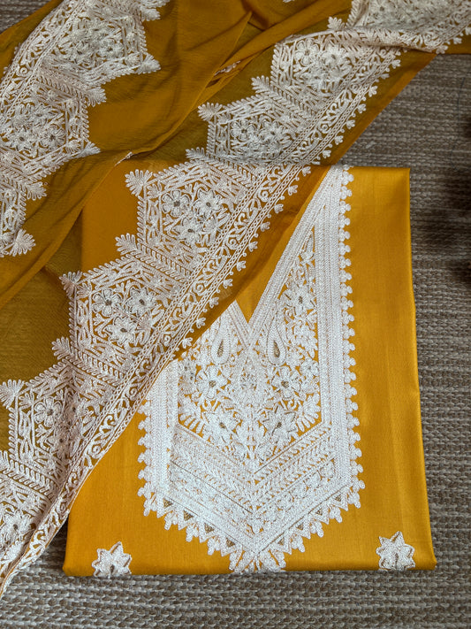 Mustard Yellow Modal Cotton Kashmiri Suit Set with White Chiffon Embroidered Dupatta