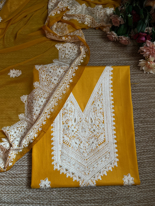 Mustard Yellow Modal Cotton Kashmiri Suit Set with White Chiffon Embroidered Dupatta
