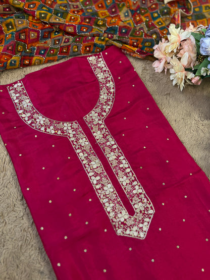 Fuchsia Silk Ensemble with Intricate Hand Embroidery & Chiffon Nanki Dupatta