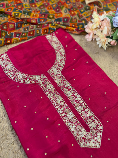 Fuchsia Silk Ensemble with Intricate Hand Embroidery & Chiffon Nanki Dupatta