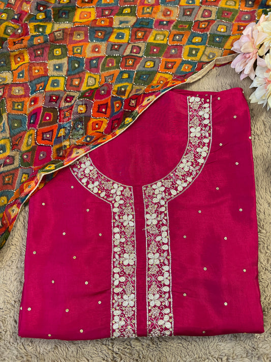 Fuchsia Silk Ensemble with Intricate Hand Embroidery & Chiffon Nanki Dupatta