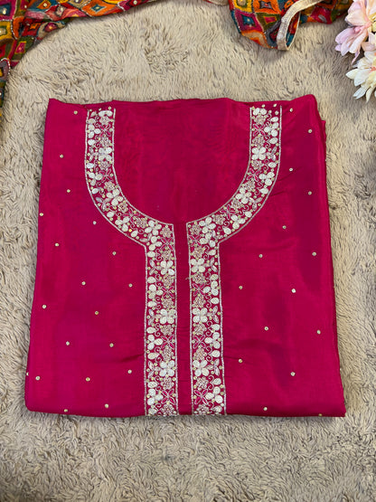 Fuchsia Silk Ensemble with Intricate Hand Embroidery & Chiffon Nanki Dupatta
