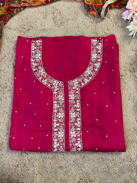 Fuchsia Silk Ensemble with Intricate Hand Embroidery & Chiffon Nanki Dupatta