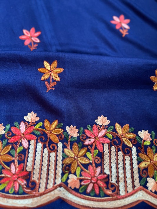 Royal Navy Blue Modal Cotton Kashmiri Suit Set with Chiffon Embroidered Dupatta