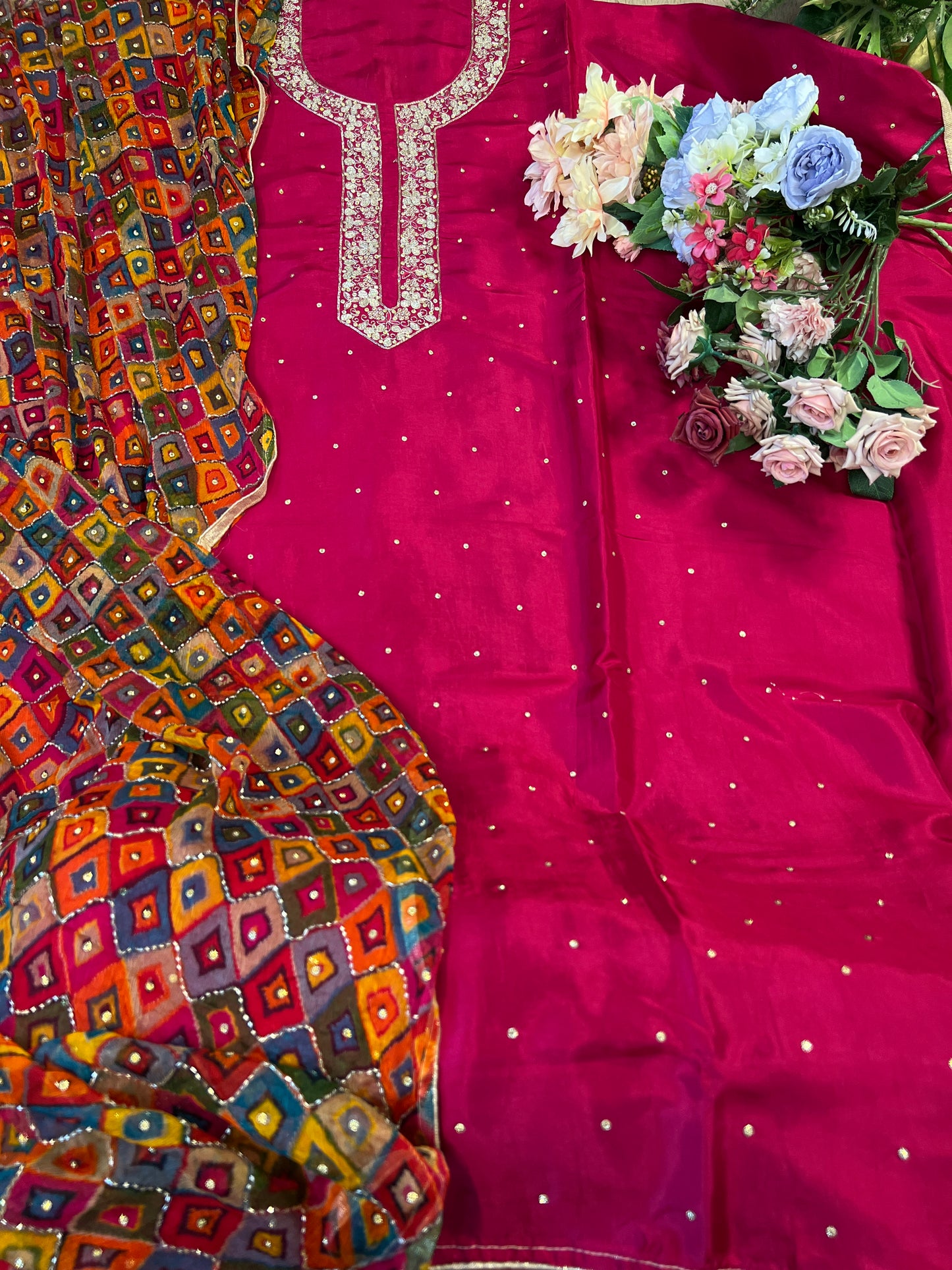 Fuchsia Silk Ensemble with Intricate Hand Embroidery & Chiffon Nanki Dupatta