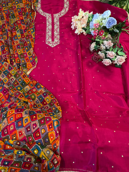 Fuchsia Silk Ensemble with Intricate Hand Embroidery & Chiffon Nanki Dupatta