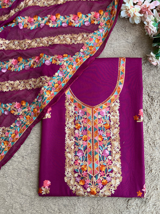 Royal Plum Kashmiri Embroidered Suit Set with Chiffon Dupatta