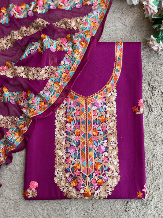 Royal Plum Kashmiri Embroidered Suit Set with Chiffon Dupatta