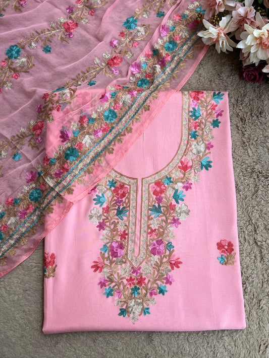 Blush Pink Kashmiri Embroidered Suit Set with Chiffon Dupatta