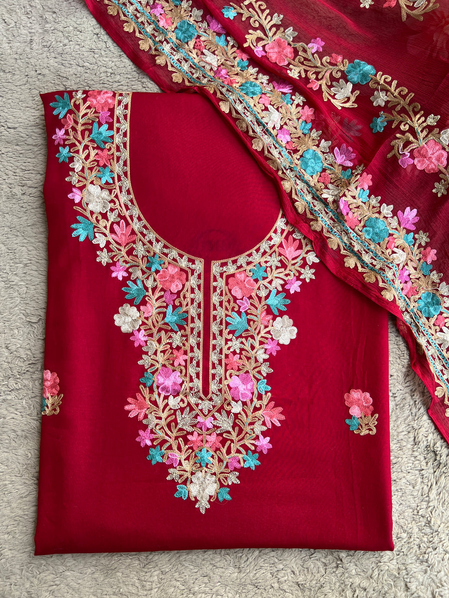 Crimson Red Kashmiri Embroidered Suit Set with Full Jaal Embroidered Dupatta