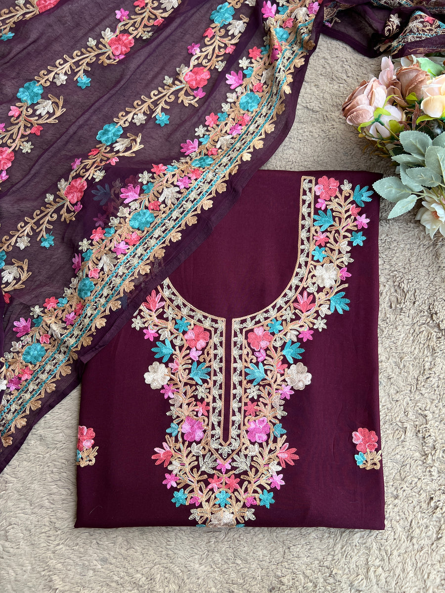 Wine Maroon Kashmiri Embroidered Suit Set with Chiffon Dupatta