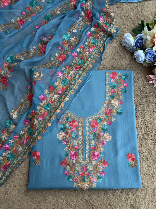 Dusty Blue Kashmiri Embroidered Suit Set with Chiffon Dupatta