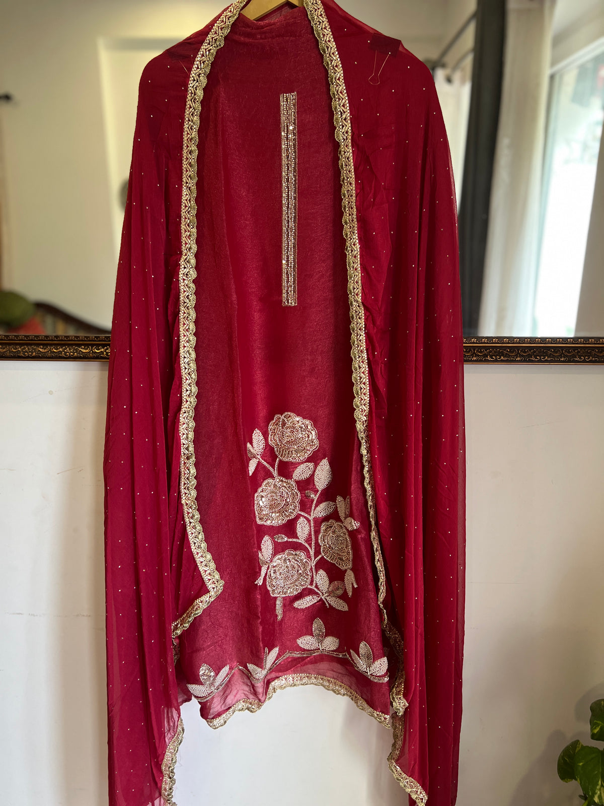 Beaded Crushed Shimmer Silk Suit Set