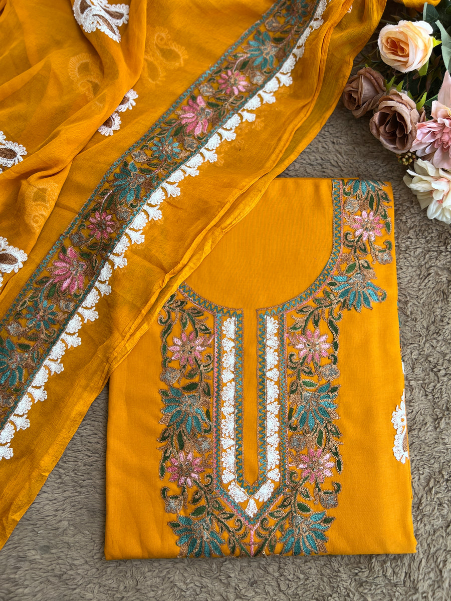 Radiant Mustard Kashmiri Floral Embroidered Suit Set