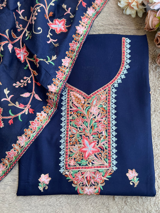 Midnight Blue Kashmiri Embroidered Unstitched Suit Set with Full Embroidered Mal Cotton Dupatta