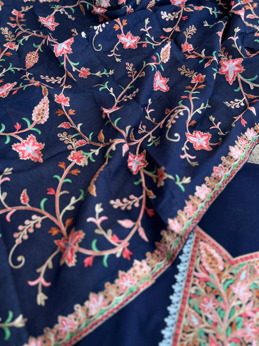 Midnight Blue Kashmiri Embroidered Unstitched Suit Set with Full Embroidered Mal Cotton Dupatta