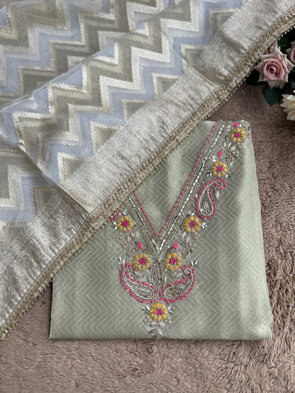 Olive Charm: Tissue Elegance with Banarasi Grace