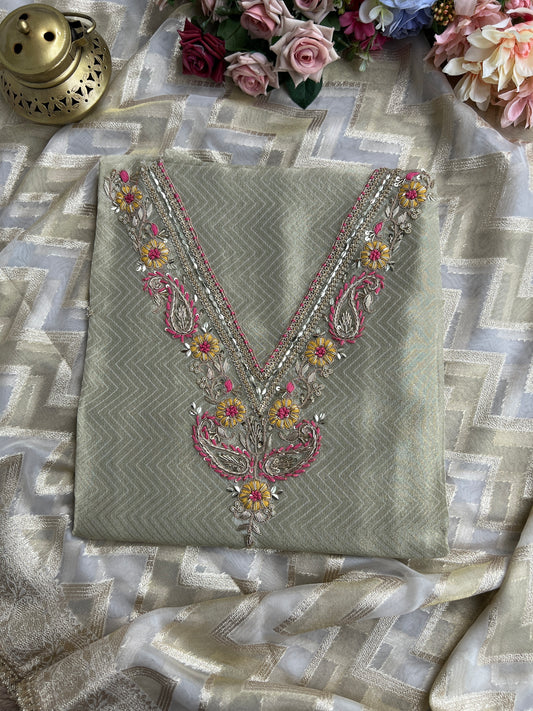 Olive Charm: Tissue Elegance with Banarasi Grace