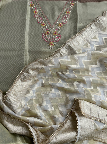 Olive Charm: Tissue Elegance with Banarasi Grace