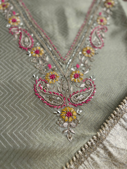 Olive Charm: Tissue Elegance with Banarasi Grace