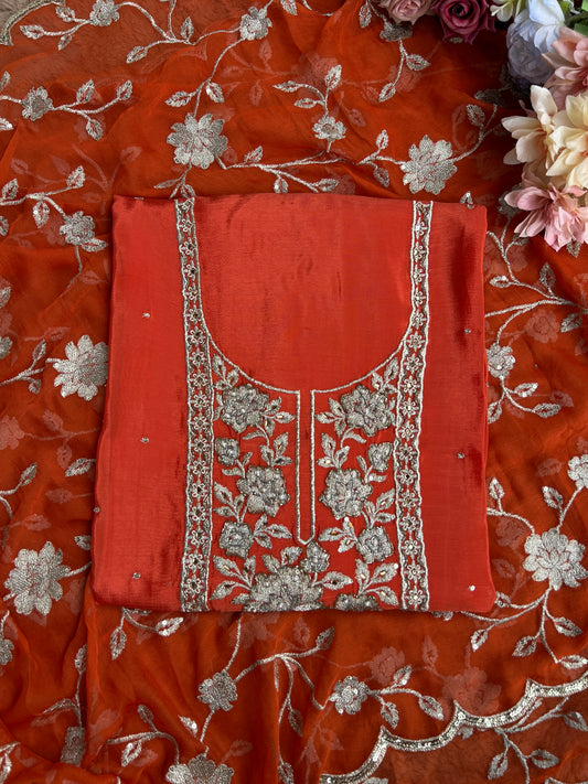 Radiant Pure Chinnon Suit with Exquisite Embroidery & Chiffon Jaal Dupatta