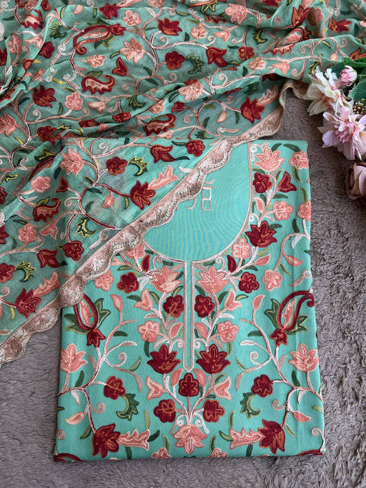 Sea Green Kashmiri Embroidered Unstitched Suit Set with Heavy Chiffon Dupatta