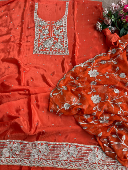 Radiant Pure Chinnon Suit with Exquisite Embroidery & Chiffon Jaal Dupatta