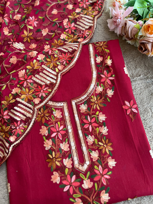 Wine Berry Modal Kashmiri Embroidered Unstitched Suit Set with Heavy Chiffon Dupatta