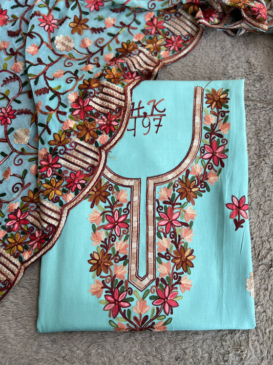 Aqua Green  Modal Cotton Kashmiri Embroidered Unstitched Suit Set with Heavy Chiffon Dupatta